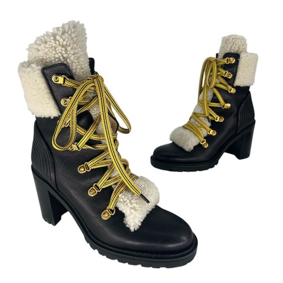 Christian Louboutin Black Calfskin Shearling Yetita 70 Combat Hiker Boots - Picture 5 of 16